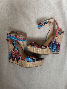 BCBGeneration Colorful Aztec Print Wedge Sandals - Vibrant Blue & Coral